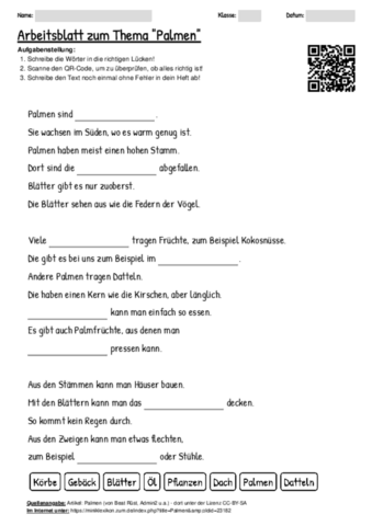Arbeitsblatt mit QR-Code zum Thema "Palmen (einfache Sprache